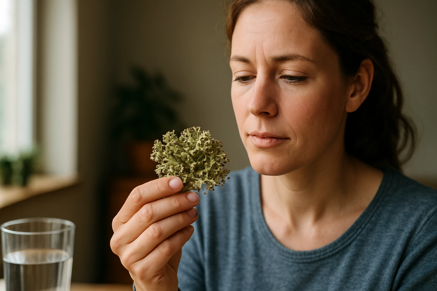 Žena skúma islandskej lišajník, liečivú rastlinu pre zdravie.