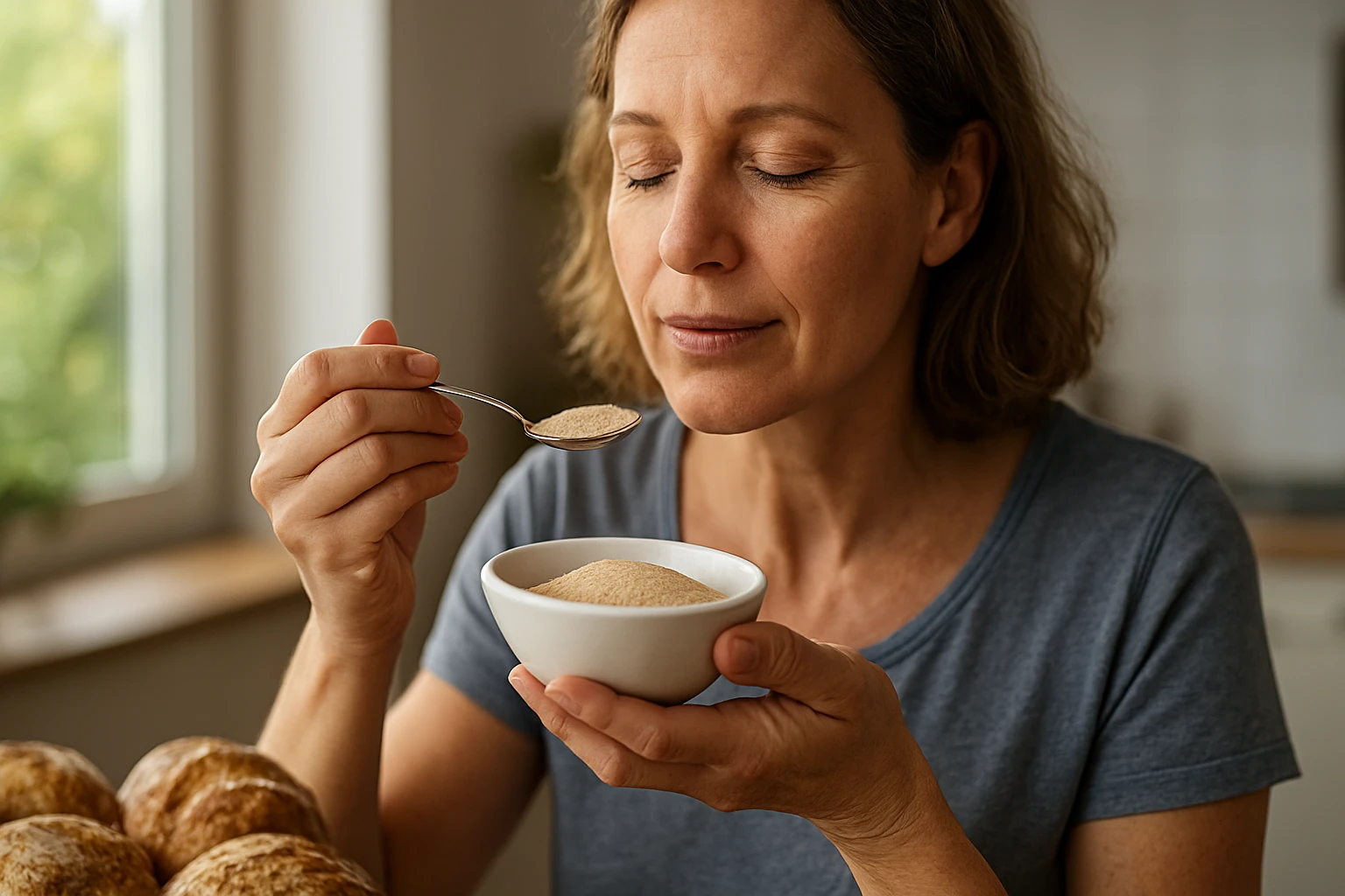 Žena posúva pekárske droždie v miske s veľkou lyžicou.
