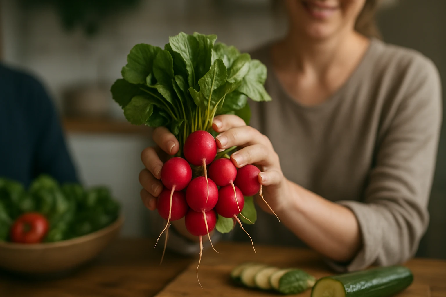 Čerstvé reďkovky v rukách ženy, zdravá kuchyňa