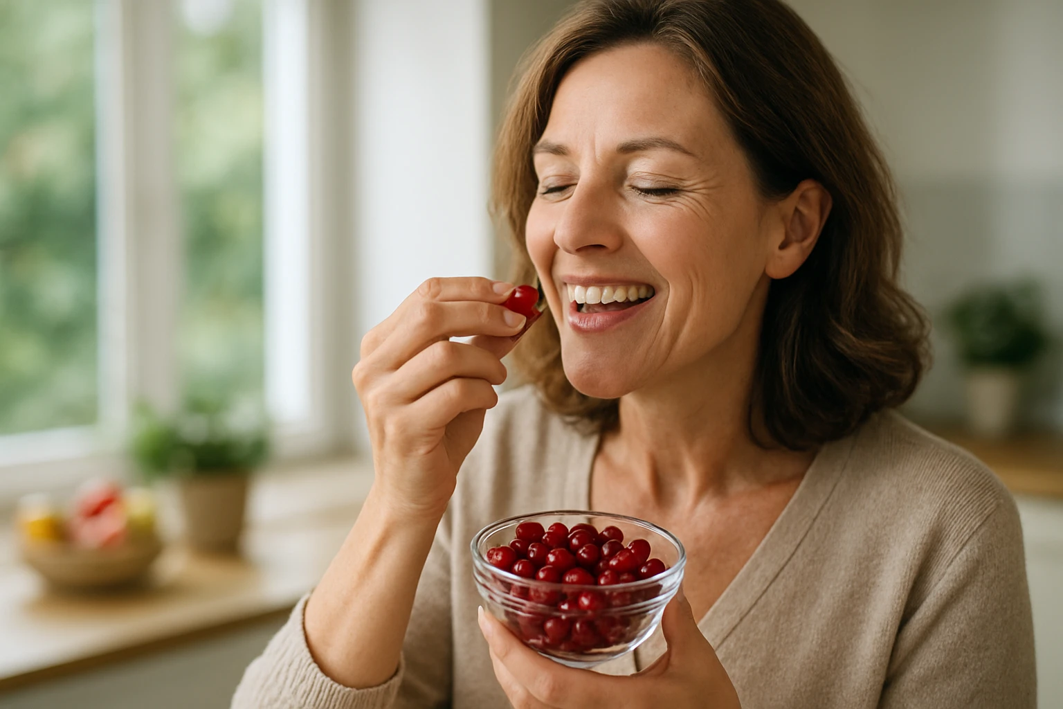 Žena si vychutnáva plody drieňa pre ich zdravie prospešné účinky.