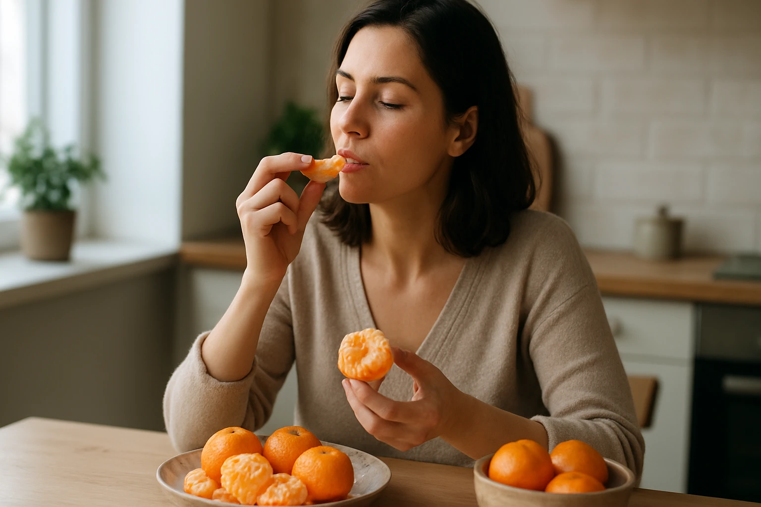 Žena s mandarínkami v kuchyni, užívajúca si zdravý snack