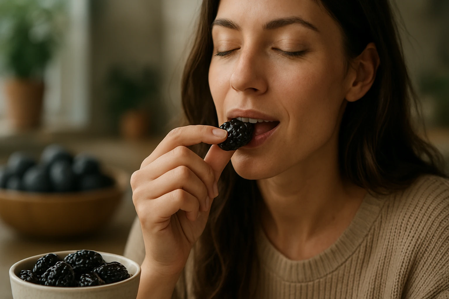 Žena vychutnáva si sušené slivky, zdroj zdravej chuti.