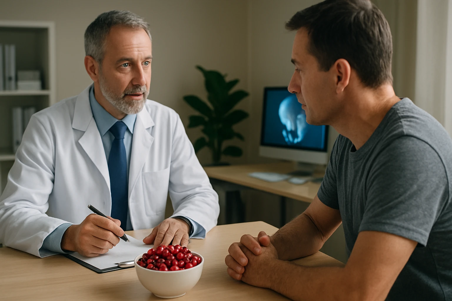 Lekár s pacientom diskutuje o prínosoch brusnice pre zdravie prostaty
