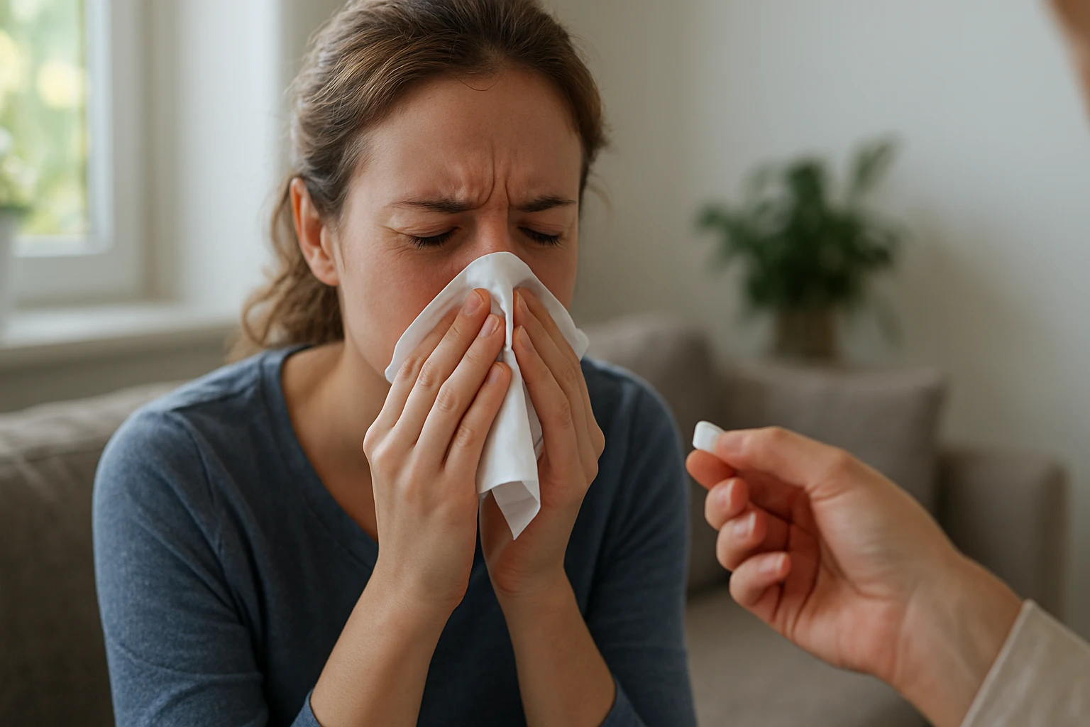 Žena s alergiami, smrká a dostáva liek cetirizín.