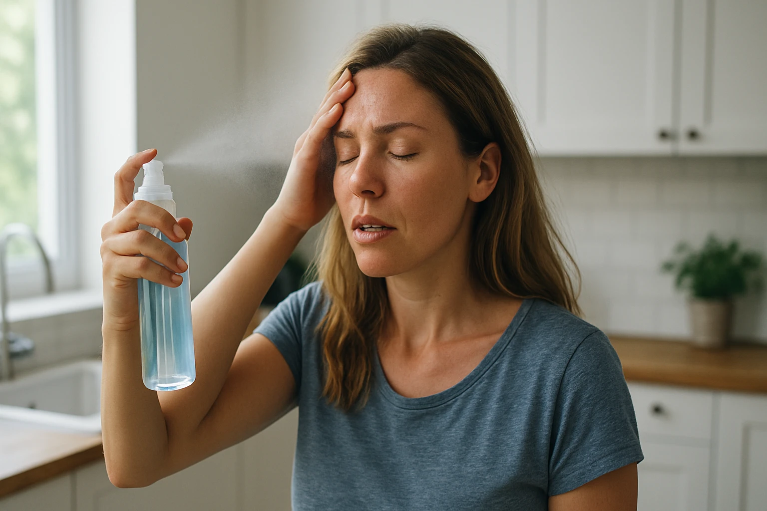 Žena používa chladivý sprej na osvieženie a úľavu od bolesti.