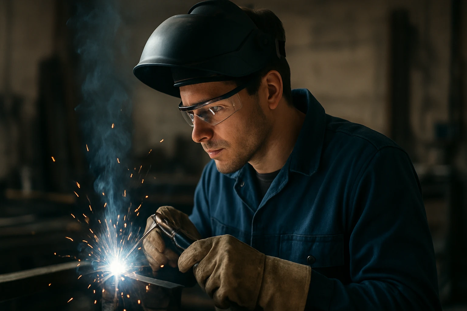 Zvárač s ochranným vybavením a kuklou zváračkou v akcii.