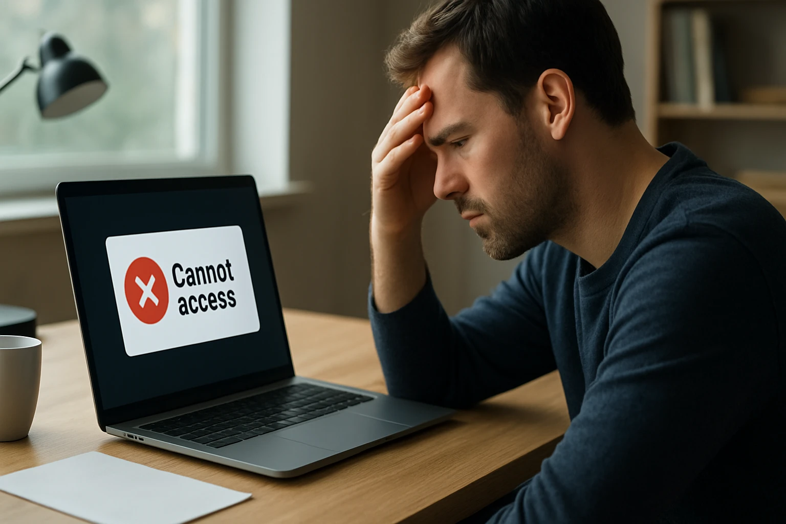 Muž s frustráciou pri nedostupnej webovej stránke na notebooku.