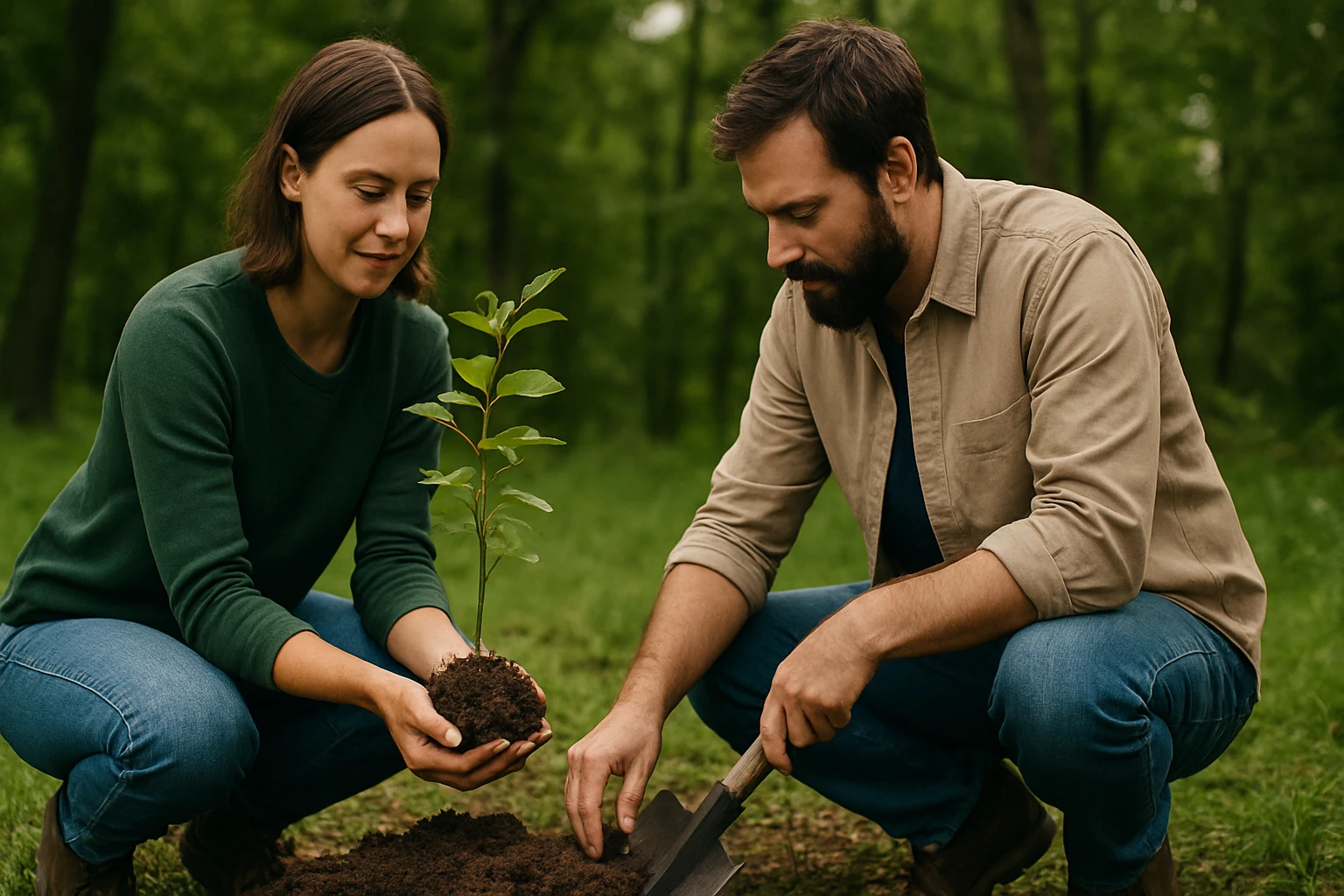 Dvojica ľudí sadiacich strom v prírode pre ochranu biodiverzity.