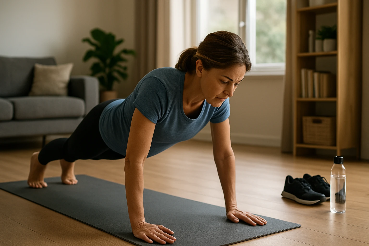 Žena cvičí na podložke počas 20-minútovej rutiny