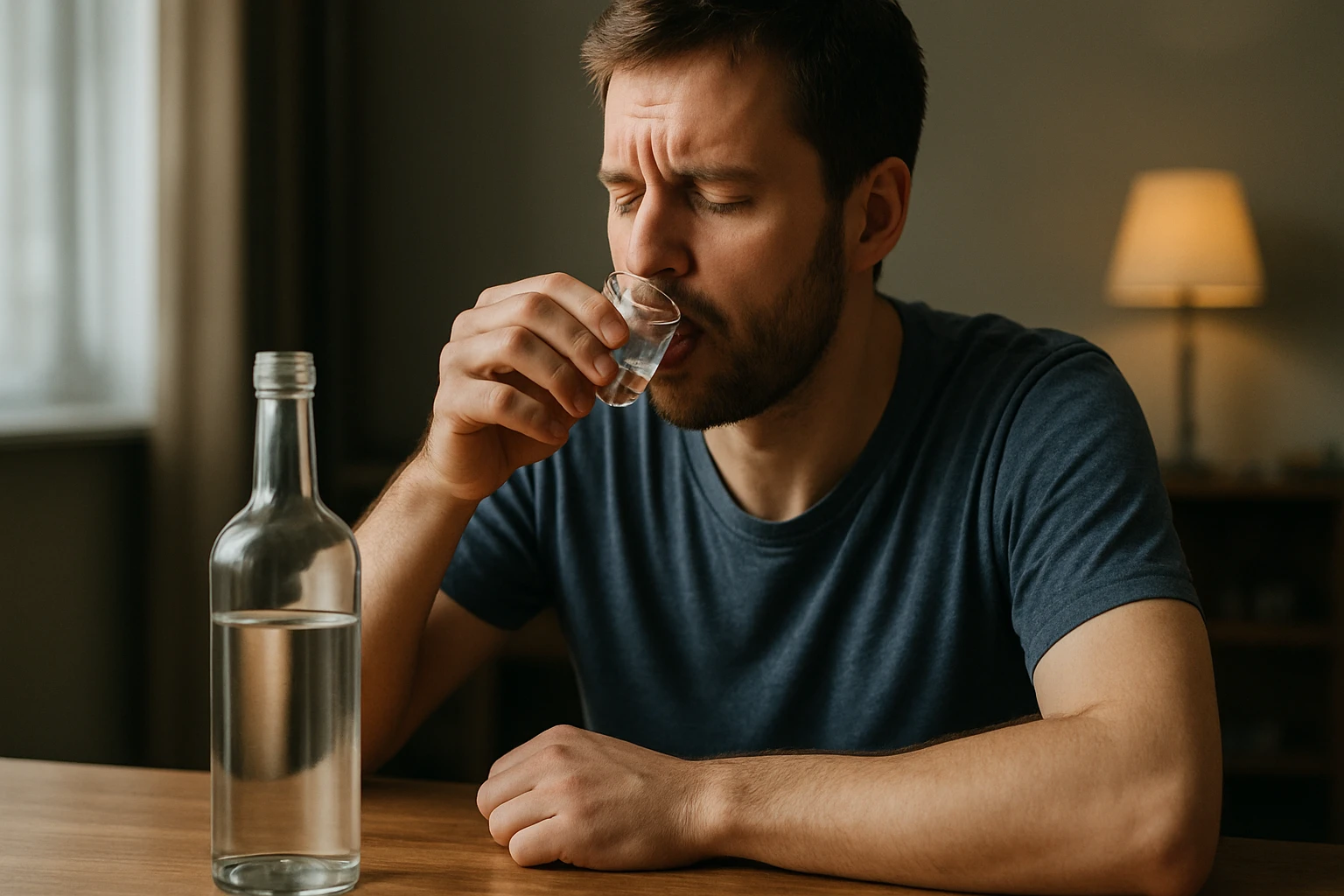 Muž degustuje pálenku z pohára vedľa fľaše na stole