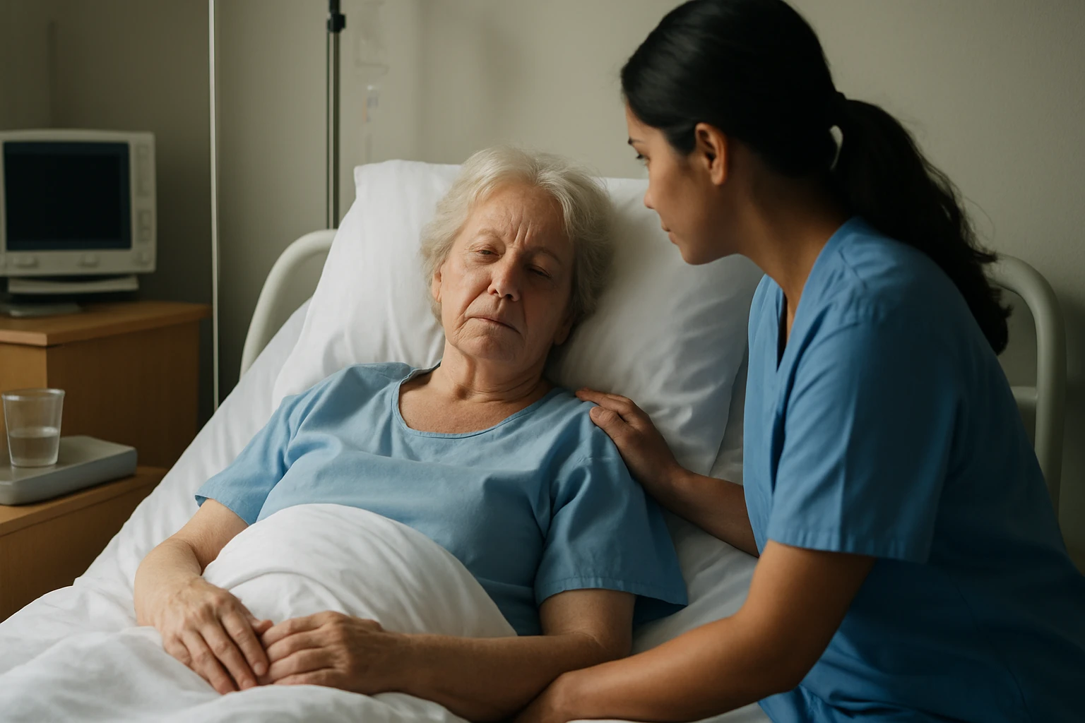 Staršia žena v nemocnici, o ktorú sa stará zdravotná sestra.