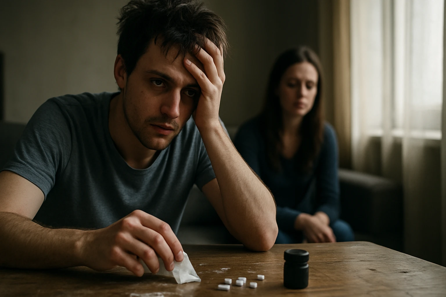 Muž trpiaci účinkami speedu s ženou v pozadí