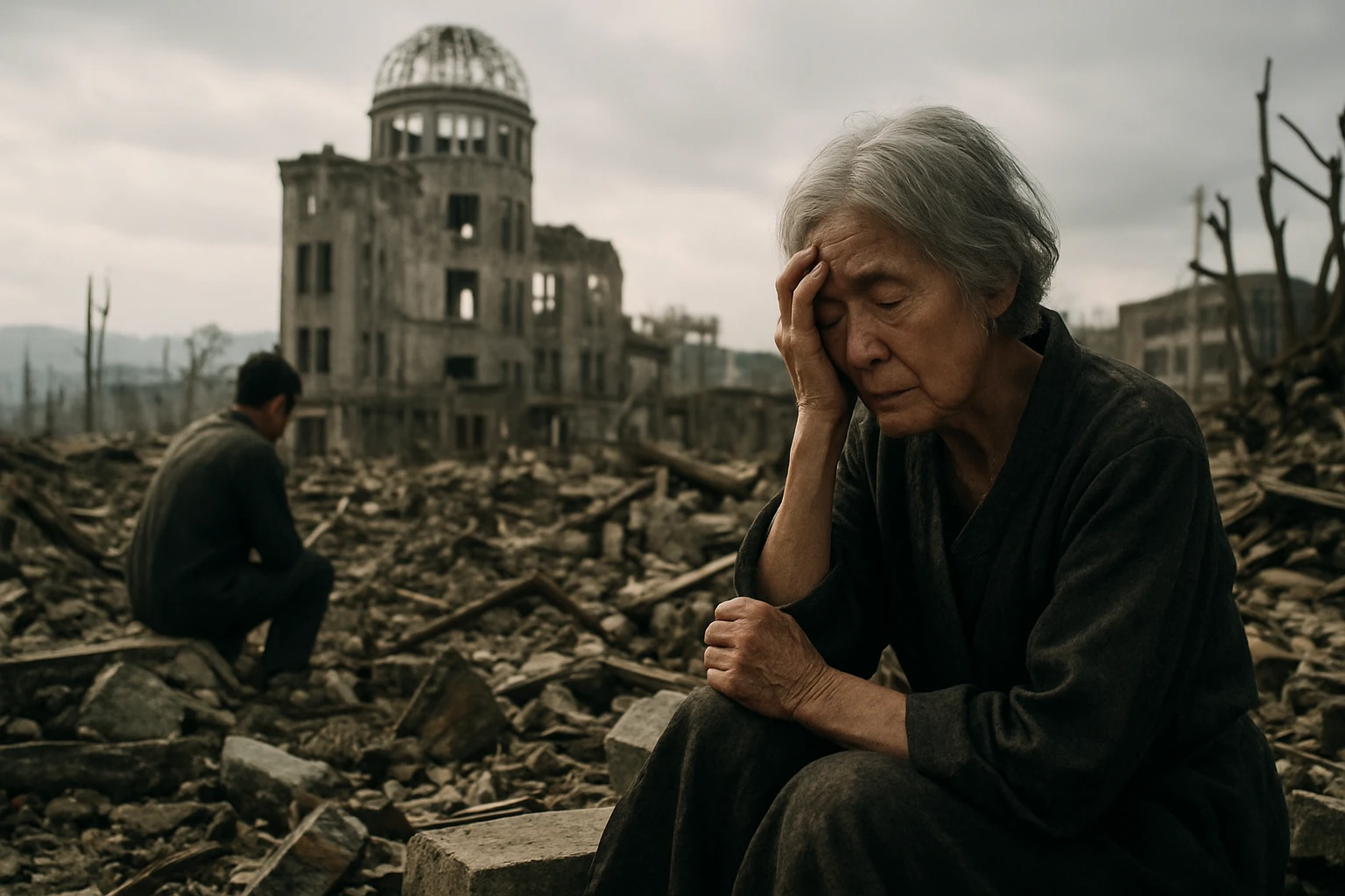 Zničený Hirošima: Žena s traumatizovaným výrazom v ruinách.