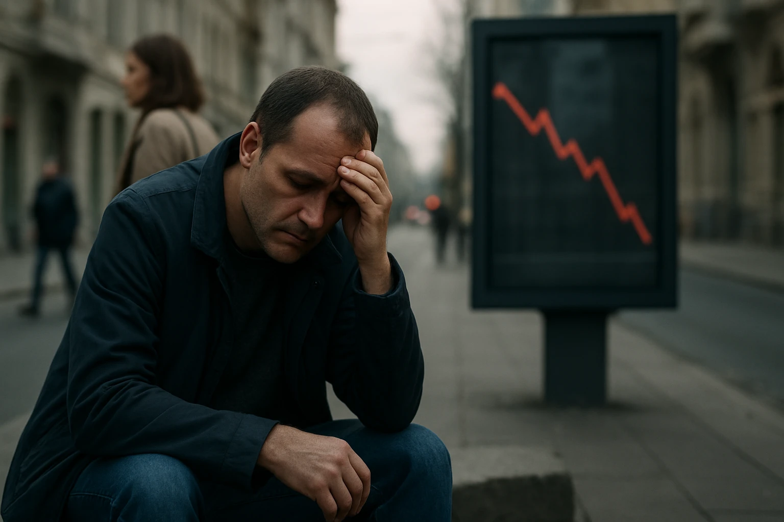 Muž s bolestivým výrazom, pozadie s klesajúcou krivkou graphiu.