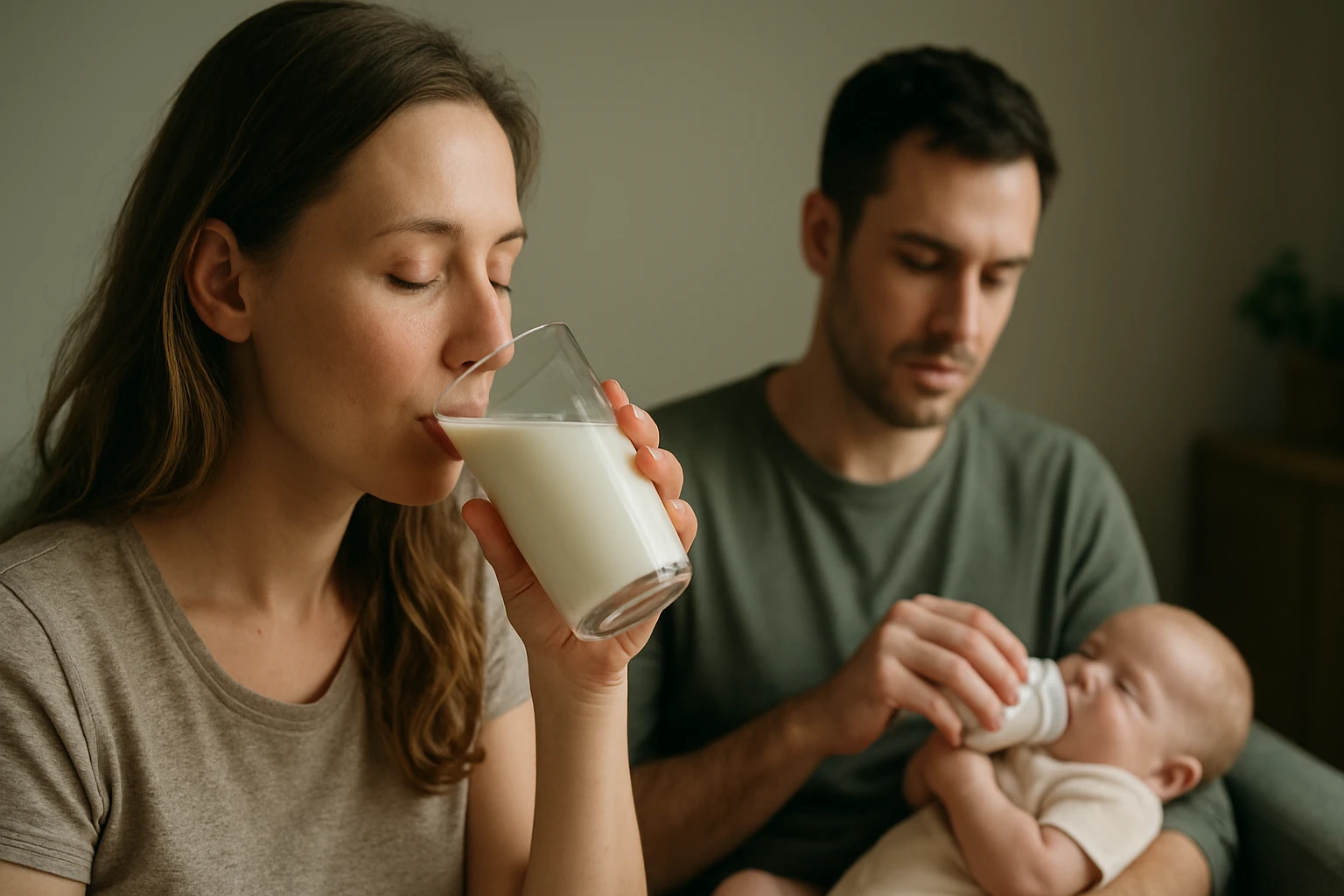 Žena pije mlieko, muž kŕmi dieťa z fľaše - výhody materského mlieka a jeho účinky.