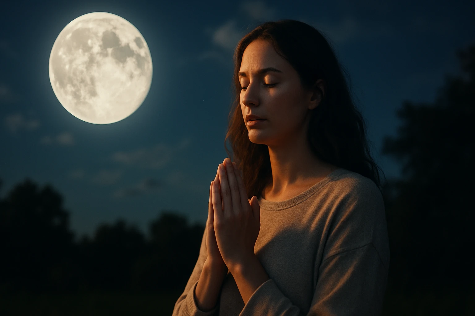 Žena meditujúca pod splnom, vyžarujúca duchovnú silu a pokoj.