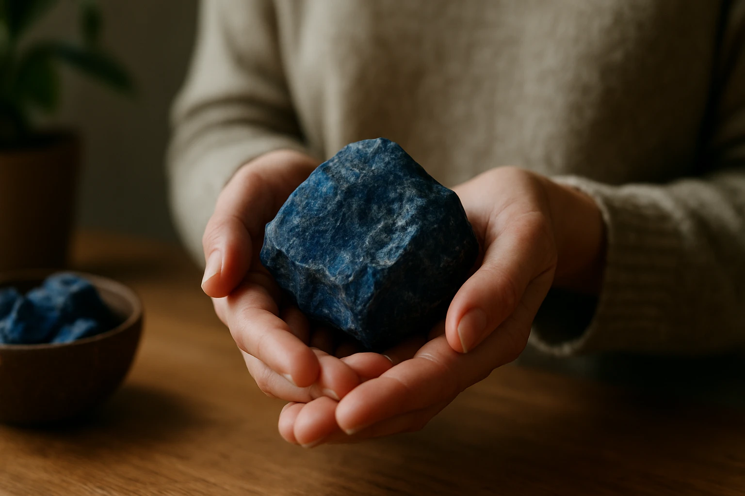 Osoba drží modrofialový minerál dumortierit v rukách.