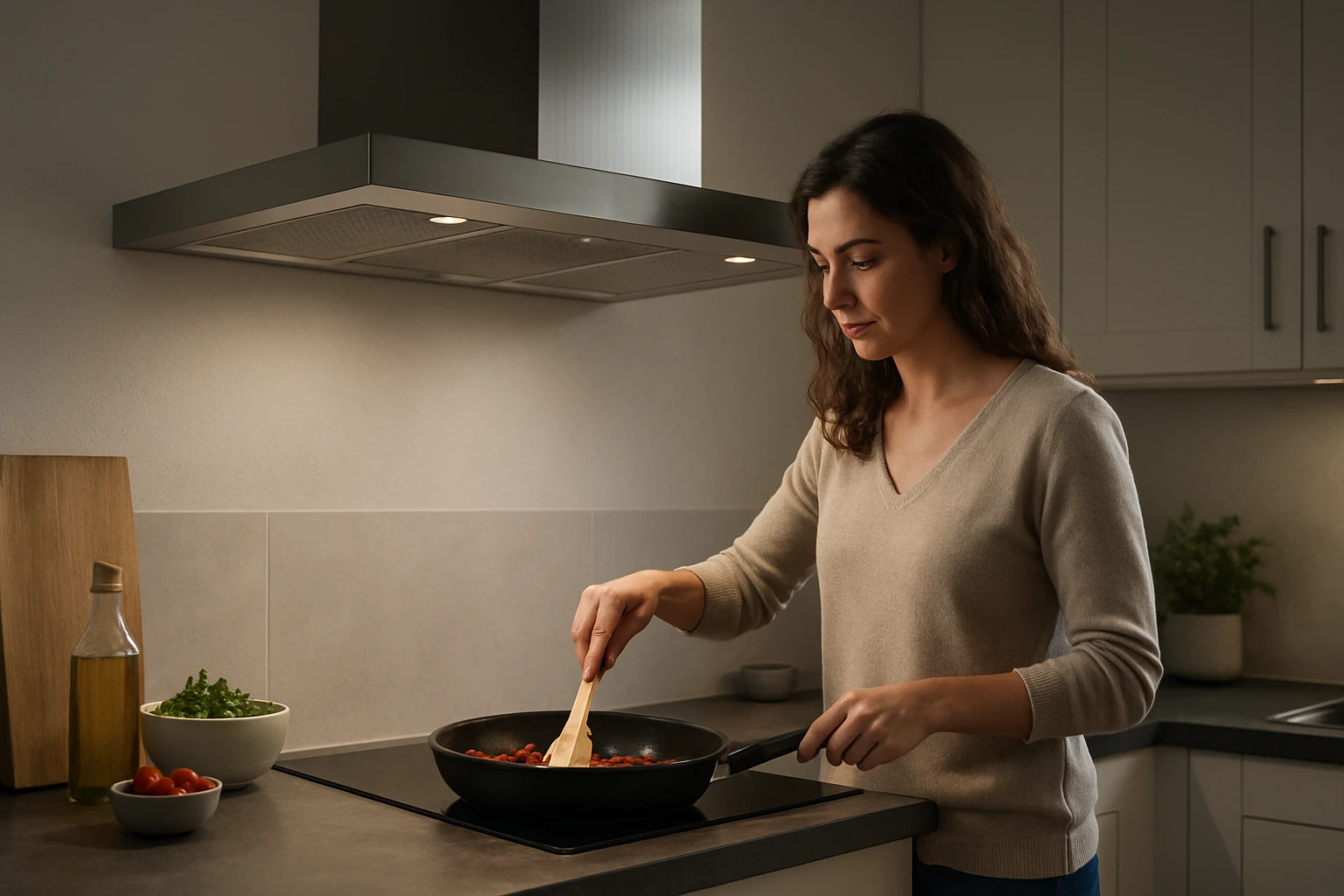 Žena varí na kuchynskej linke pod dvojmotorovým digestorom