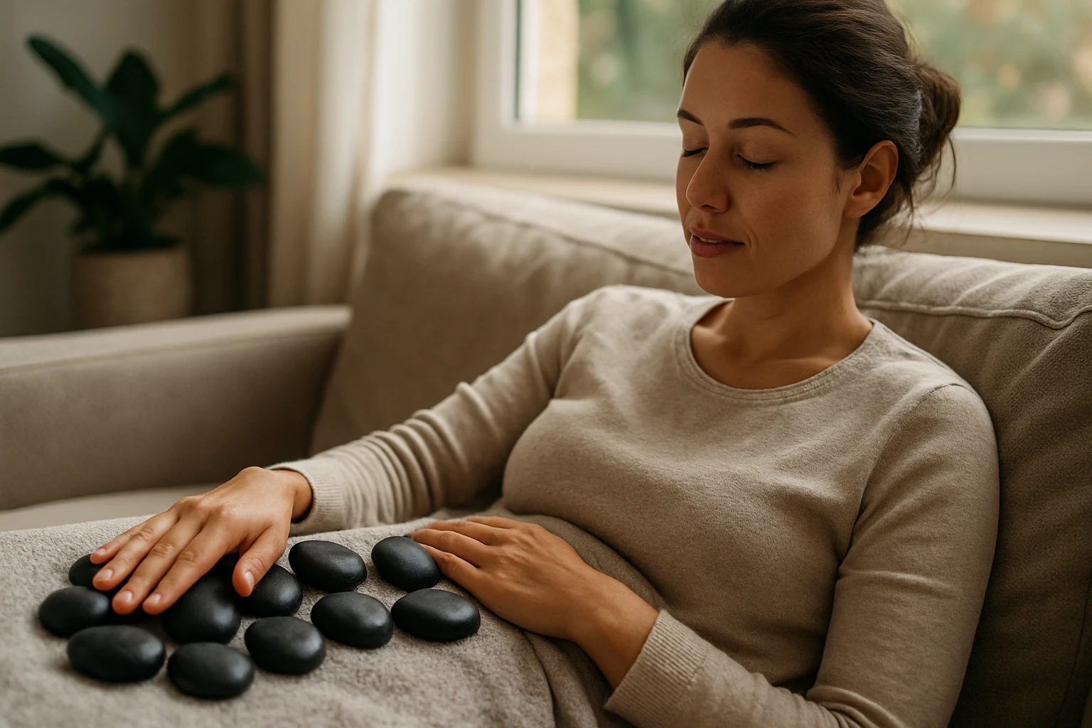 Žena relaxuje s lávovými kameňmi na bruchu pre uvoľnenie a energiu.