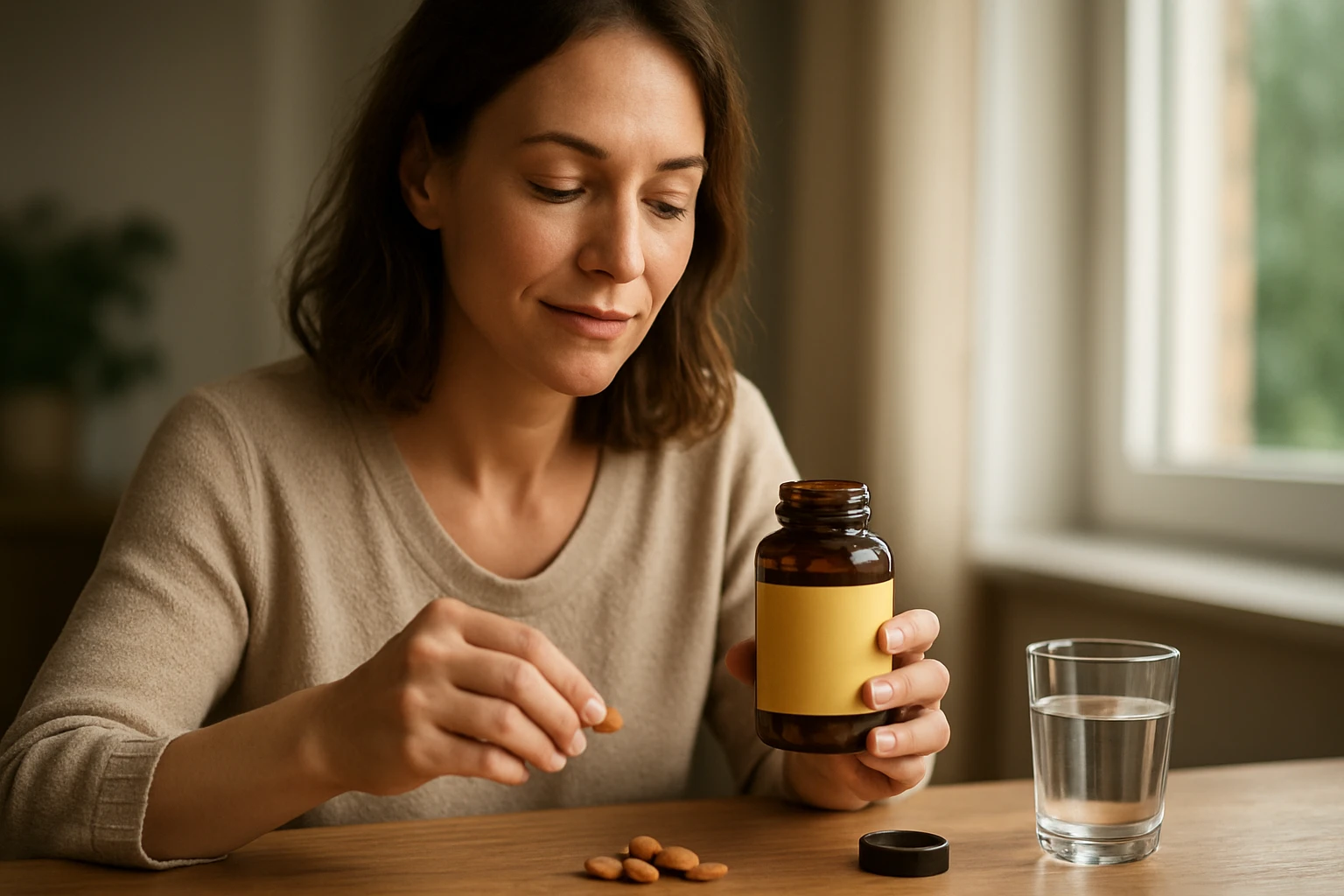 Žena si berie tablety Forever Propolis na podporu zdravia
