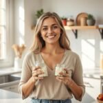 Žena s dvoma pohármi obsahujúcimi vitamíny a minerály v modernej kuchyni.