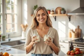 Žena s dvoma pohármi obsahujúcimi vitamíny a minerály v modernej kuchyni.