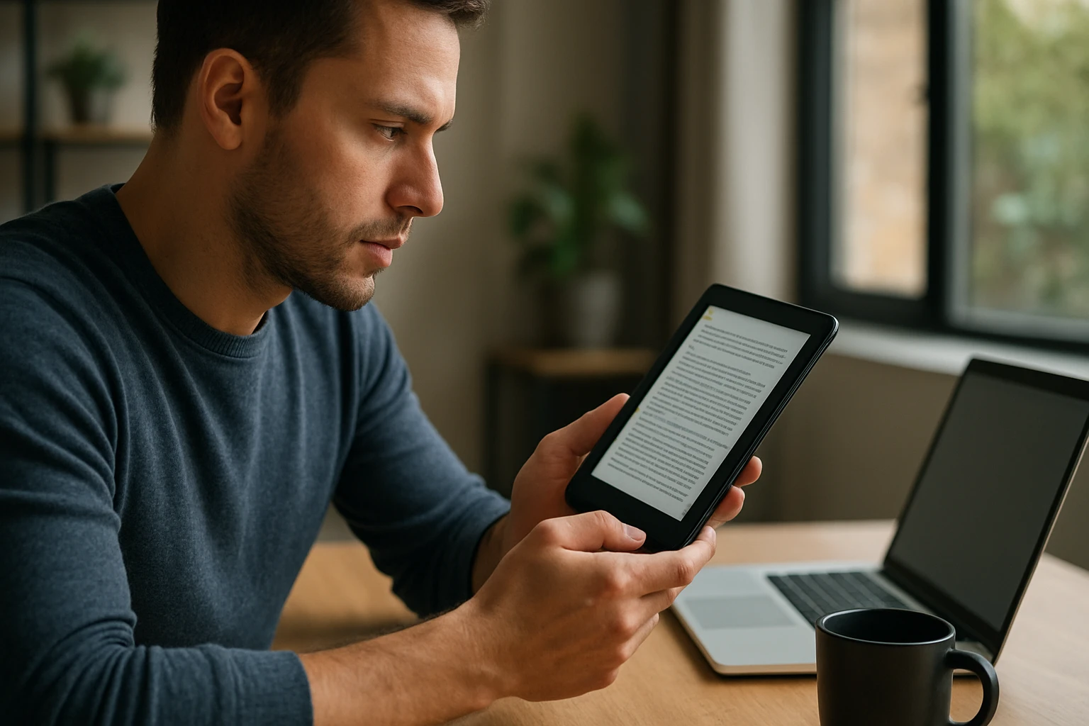 Muž číta na digitálnom e-papieri v modernej kancelárii.