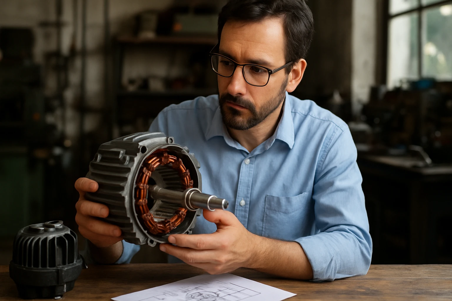 Muž skúma elektromotor a jeho súčasti na pracovnom stole.