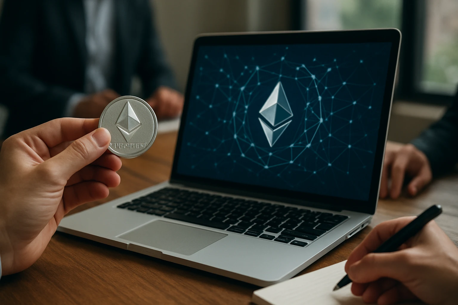 Ethereum coin held in hand with laptop displaying blockchain technology