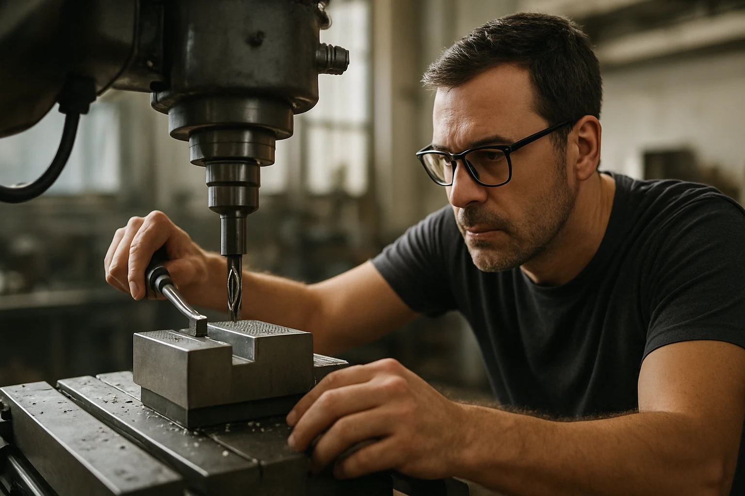 Muž pracuje s frézou na obrábanie kovov v dielni.