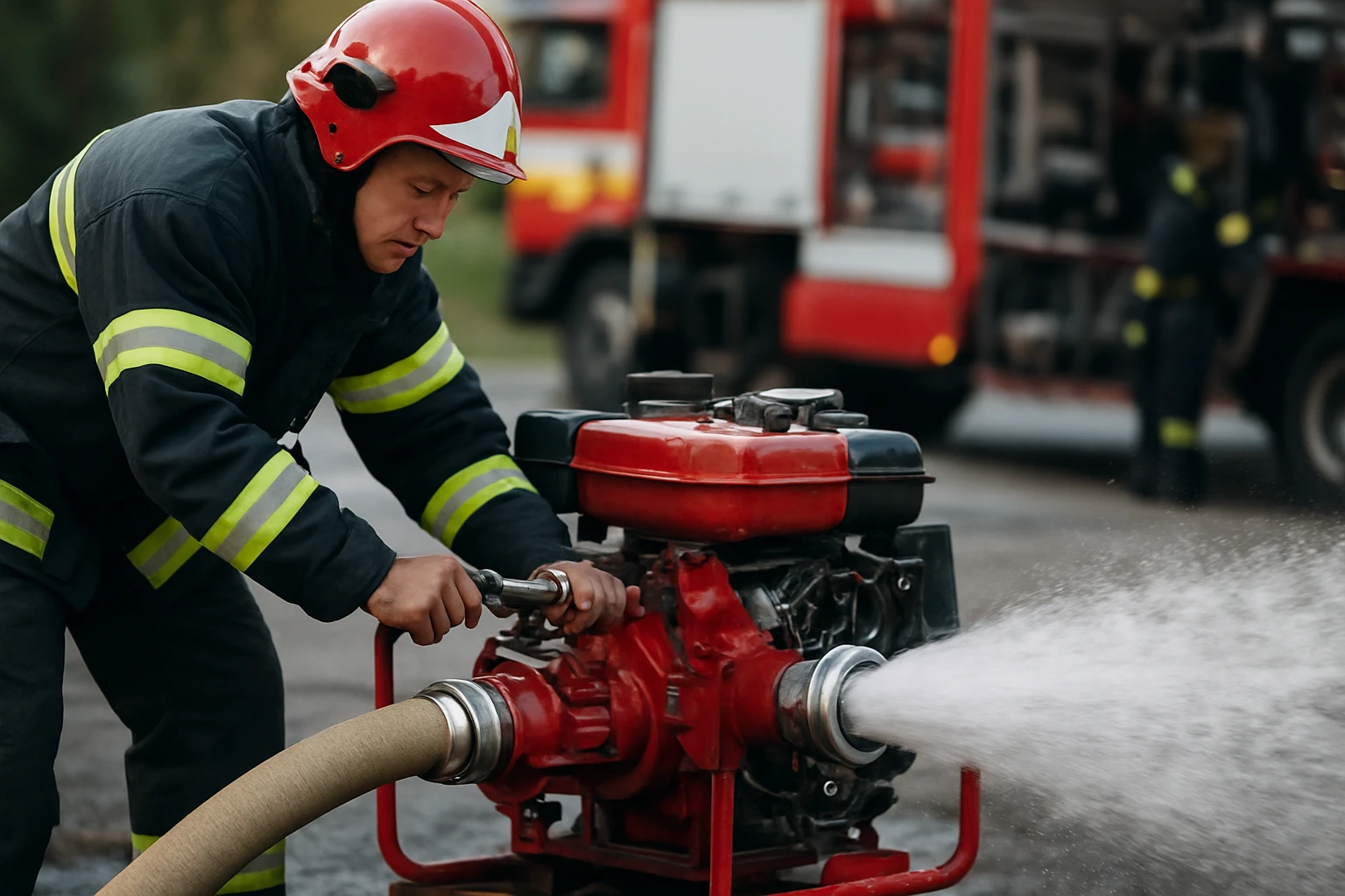 Hasič pri obsluhe hasičského čerpadla na hasenie požiarov.