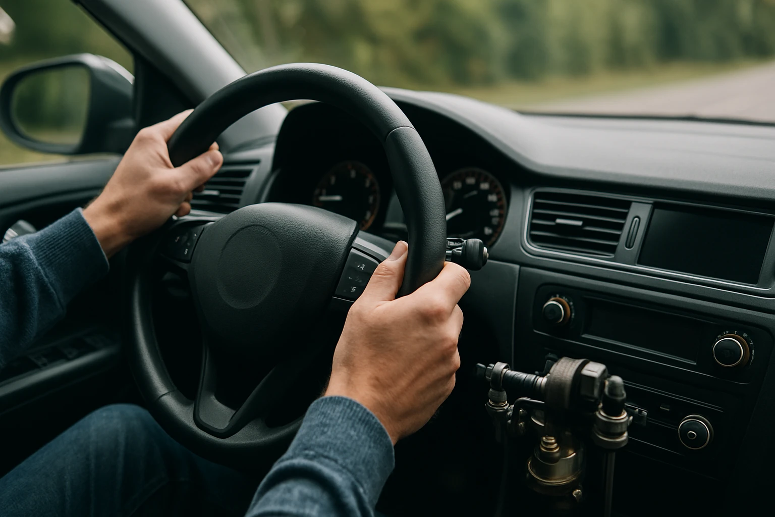 Ruka vodiča drží volant auta pred jazdou na ceste.