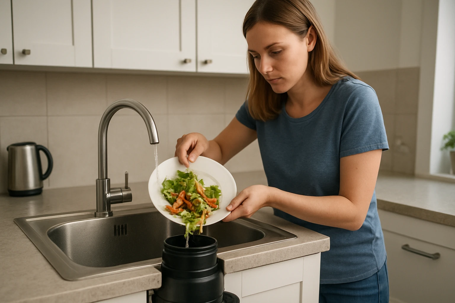 Žena v kuchyni vhadzuje zeleninové zvyšky do kuchynského drviča odpadu.
