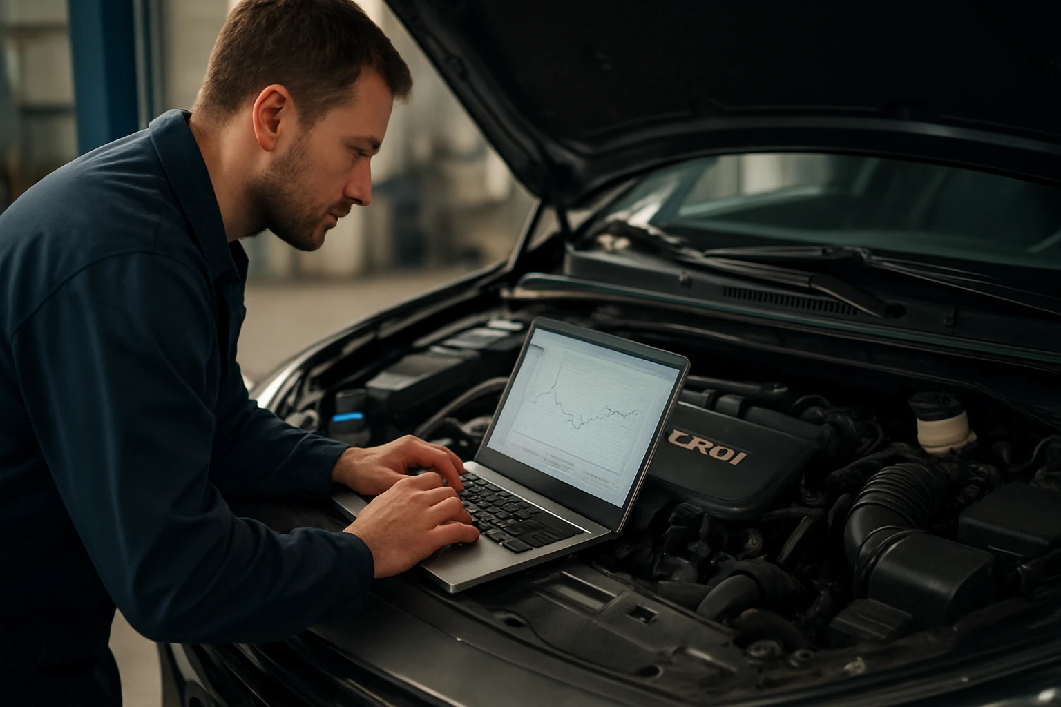 Mechanik analyzuje motor s CRDI pomocou počítača.