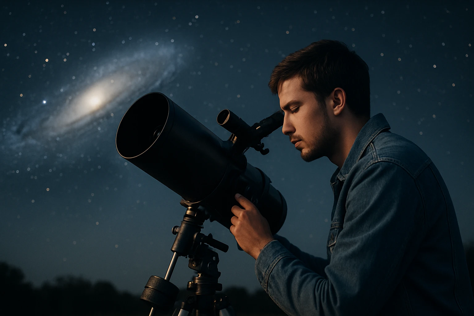 Muž pozorujúci vzdialenú galaxiu cez Newtonov ďalekohľad.