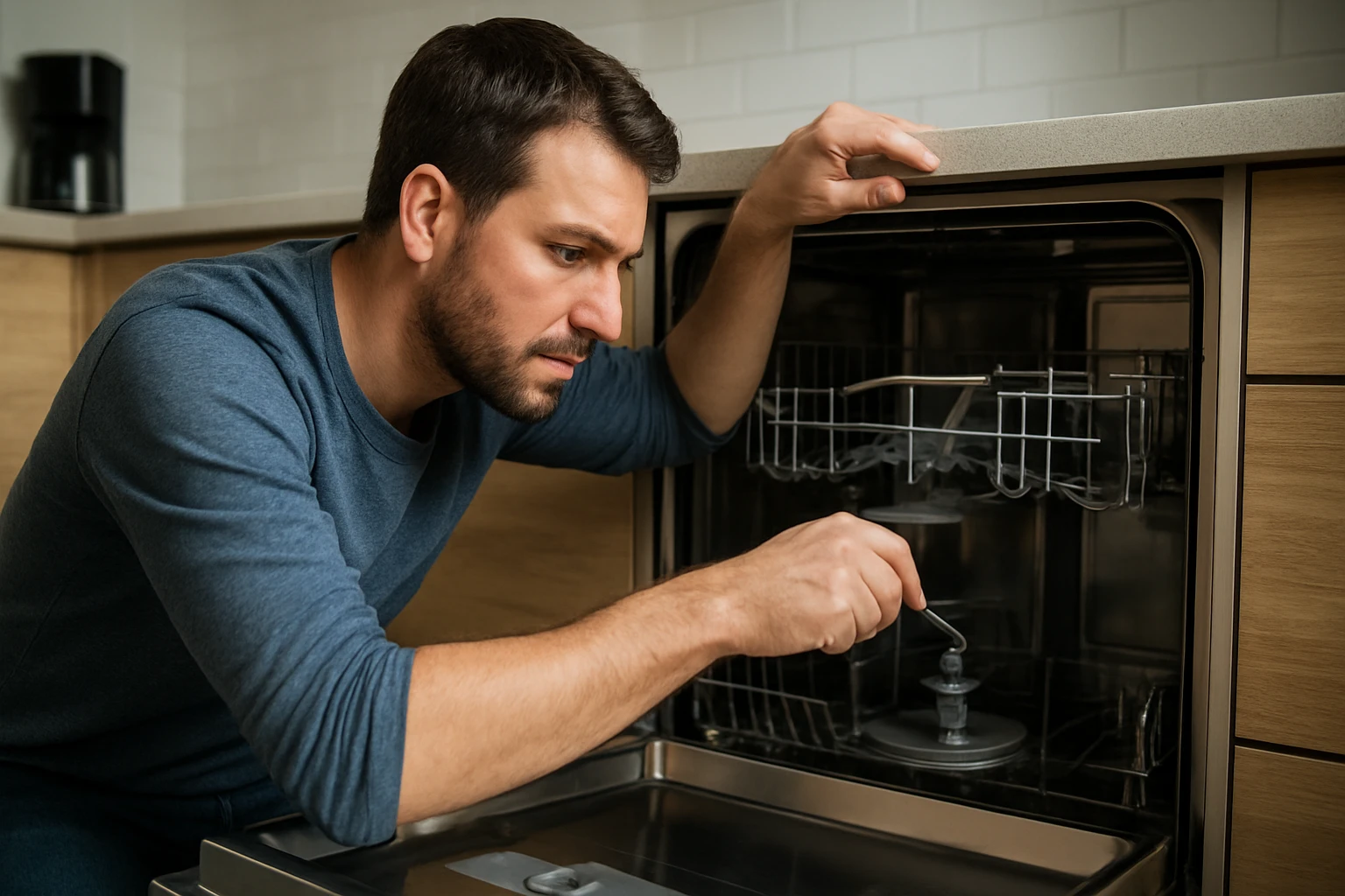 Muž kontroluje umývačku riadu v modernej kuchyni.