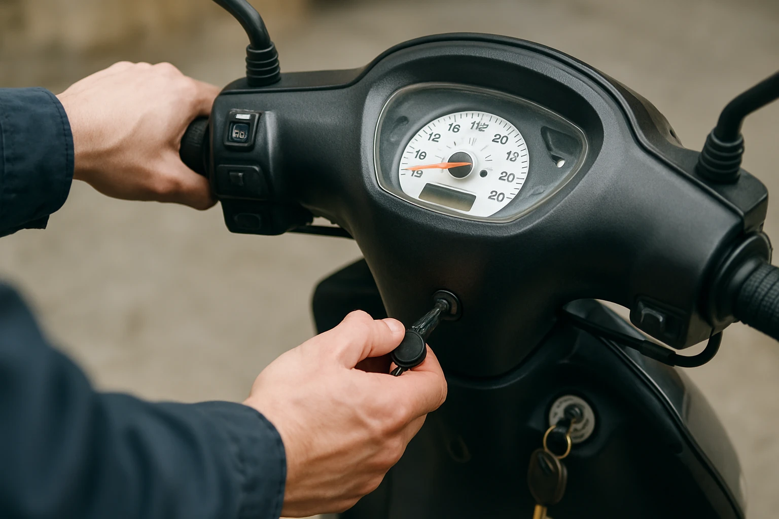 Osoba zapínajúca štartér skútra