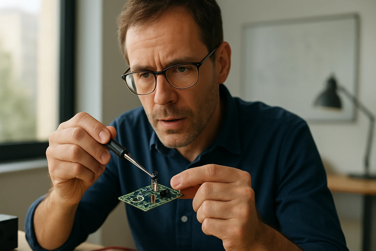 Muž pracuje na elektronickej doske so tranzistorom.