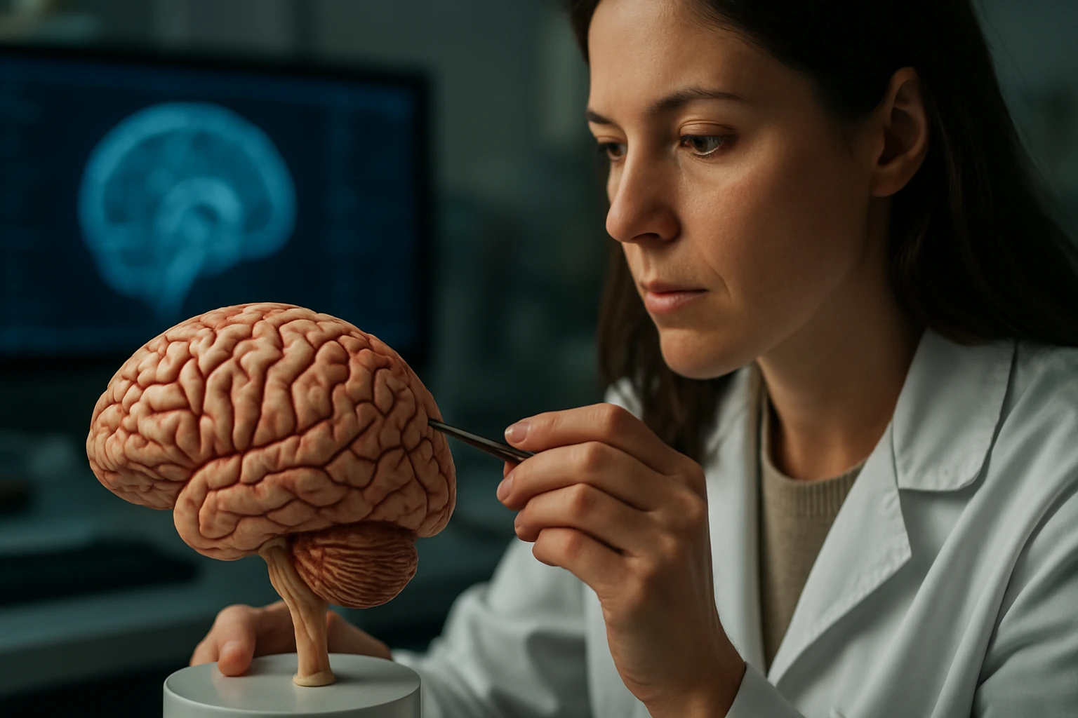 Vedkyňa skúma model ľudského mozgu s pozadím neurovedy.