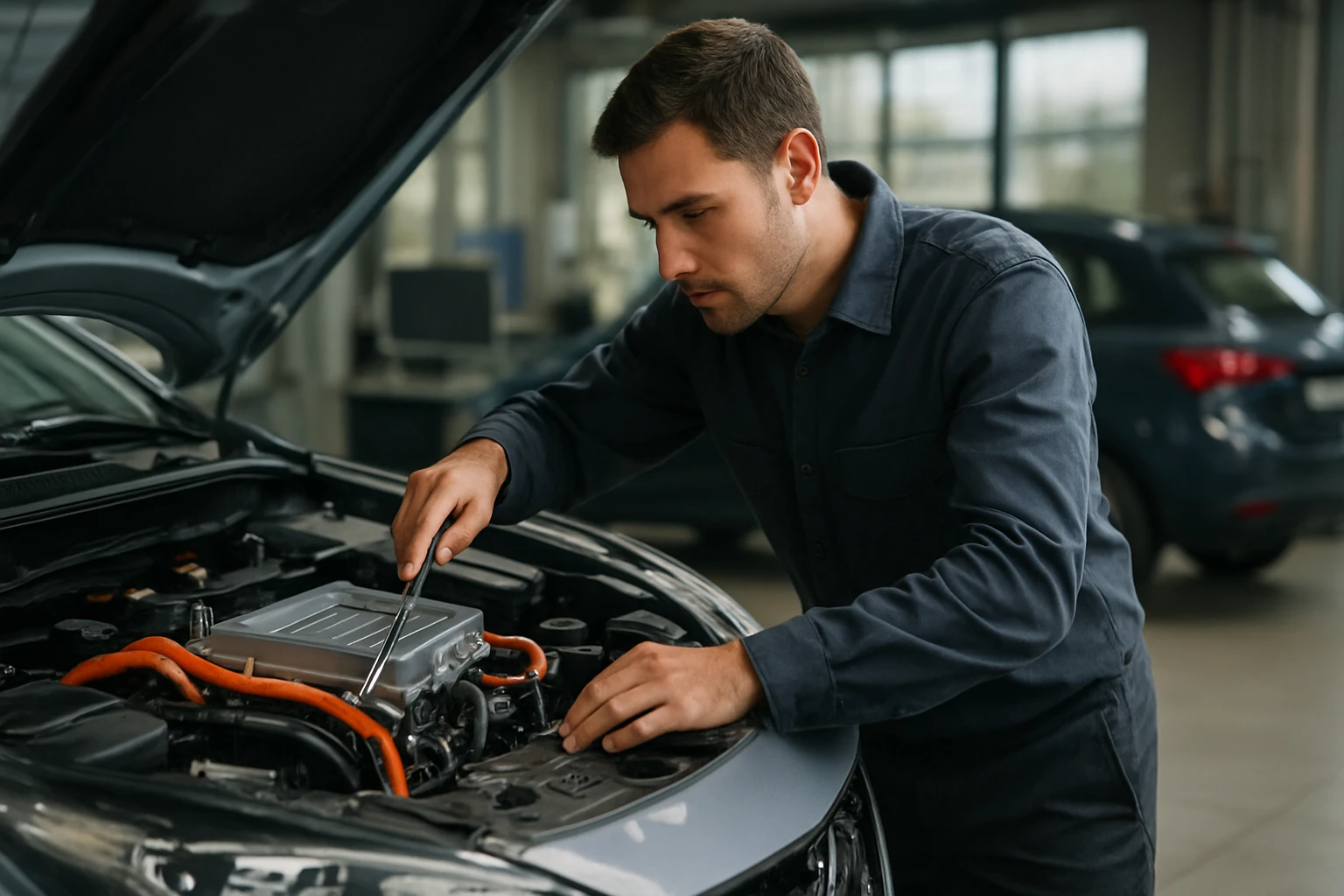 Mechanik kontroluje hybridný pohon auta s elektrickým motorom.