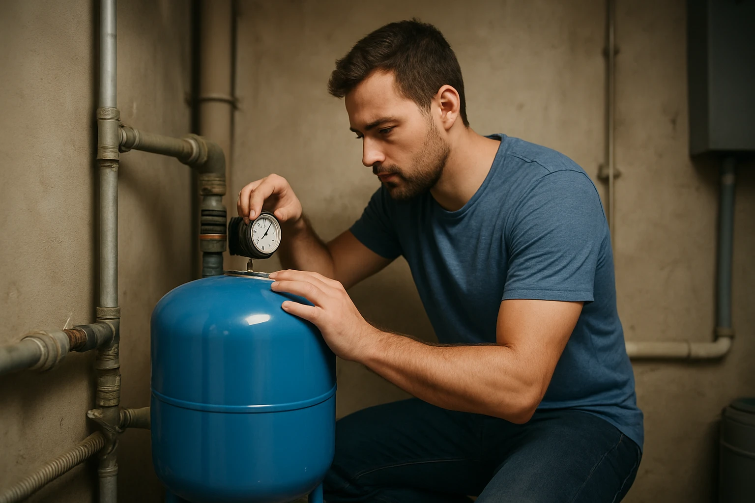 Muž kontroluje tlak hydroforovej nádrže pre stabilné zásobovanie vodou