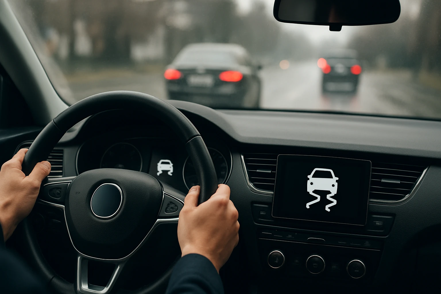 Interiér vozidla s riadiacim volantom a obrazovkou ABS