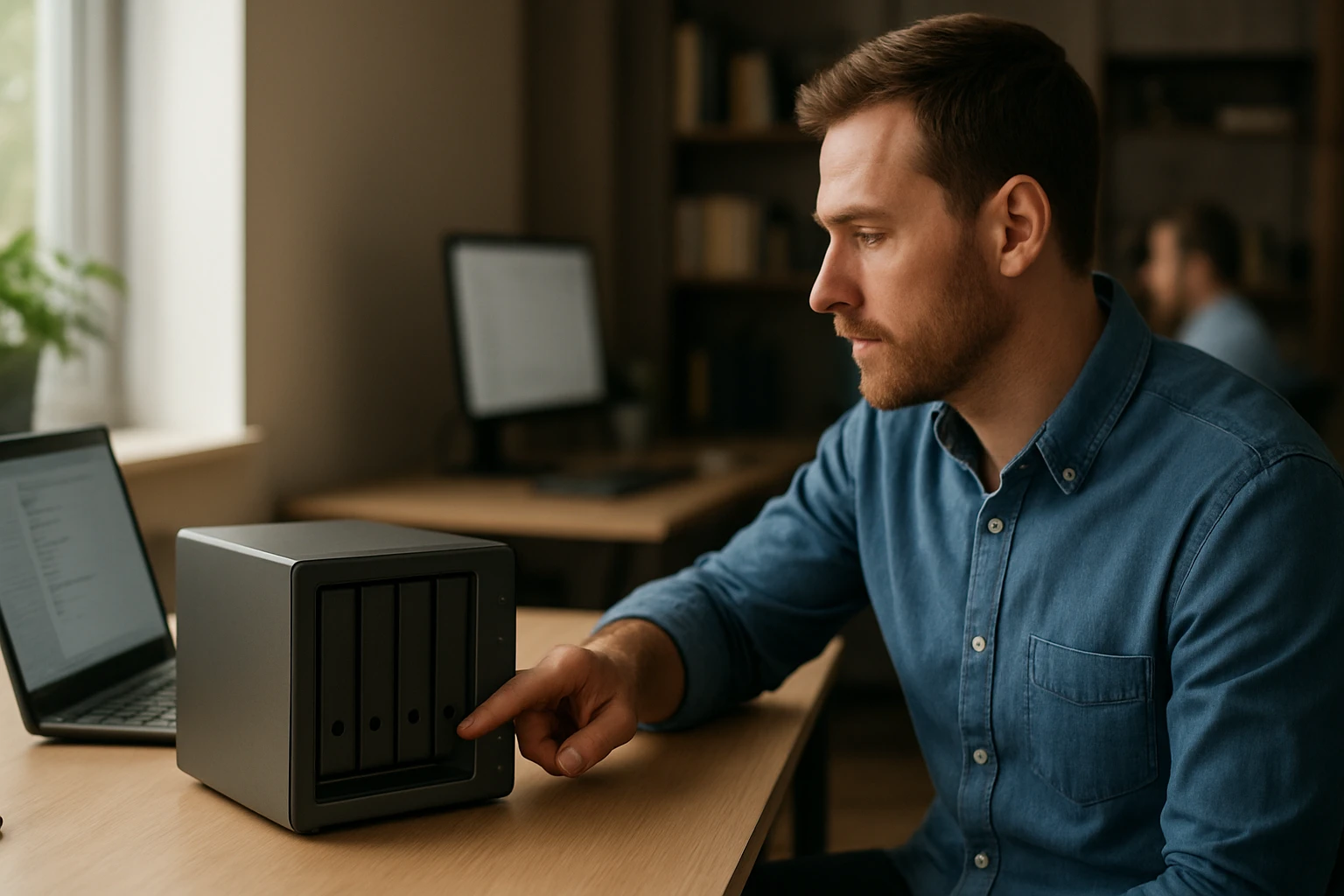 Muž nastavuje NAS server na pracovnom stole s laptopom.
