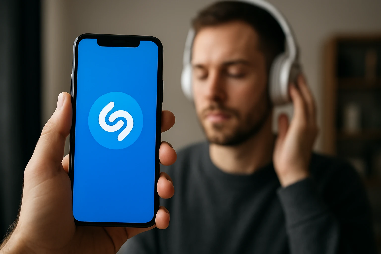 Muž počúvajúci hudbu so smartfónom a aplikáciou Shazam
