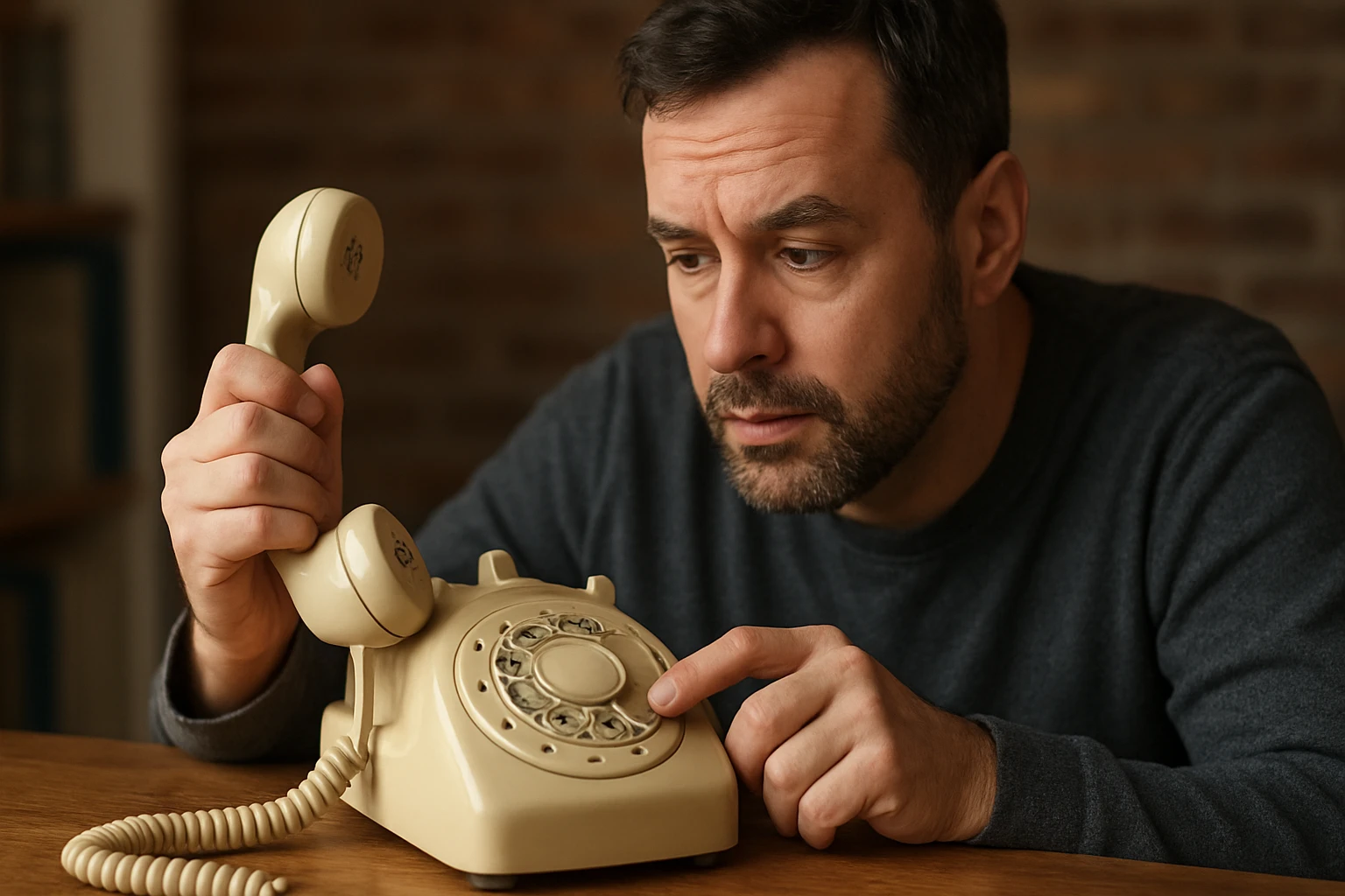 Muž používa otočný telefón s mechanickým voličom.