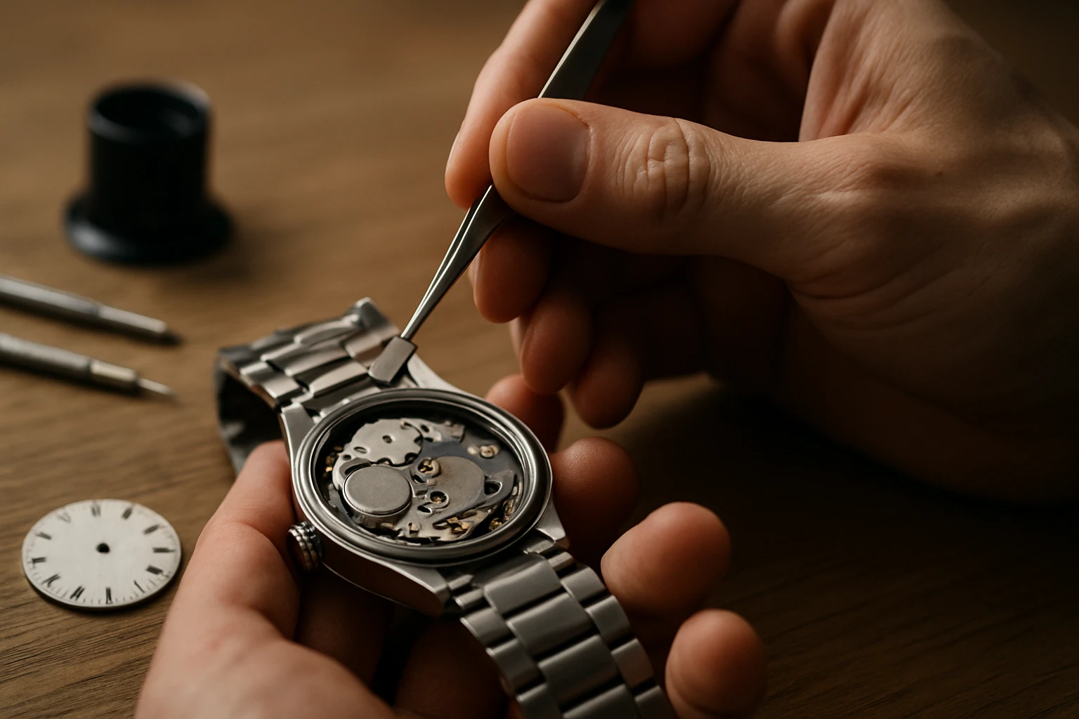 Oprava quartzových hodín s mechanickými komponentmi.