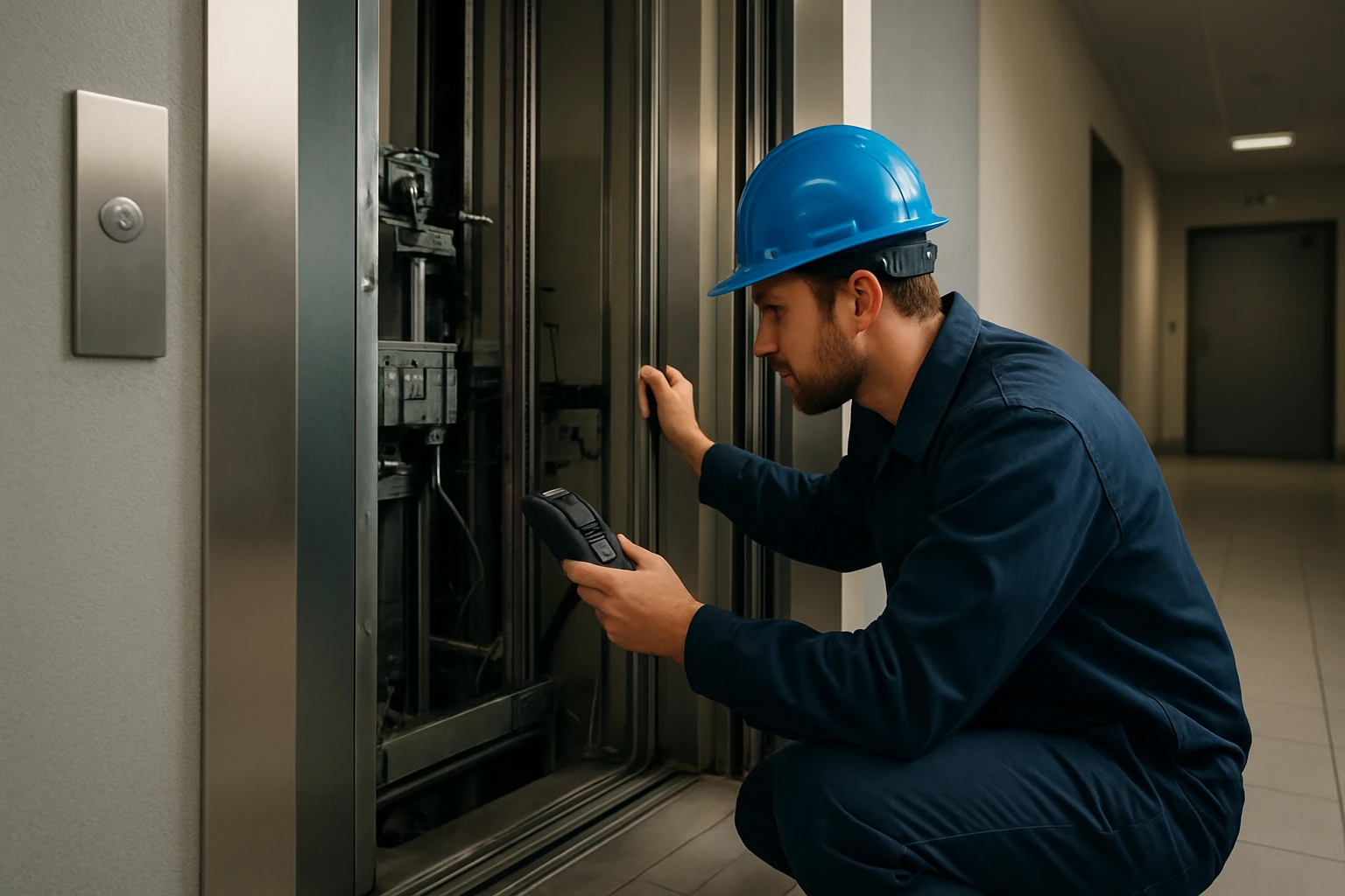 Technik kontroluje výťahové zariadenie s modrou prilbou.