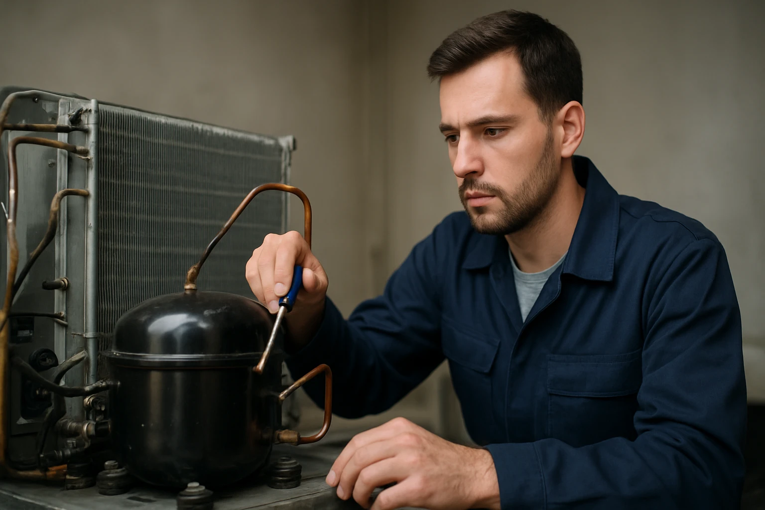 Oprava chladiaceho kompresora v technickej dielni.