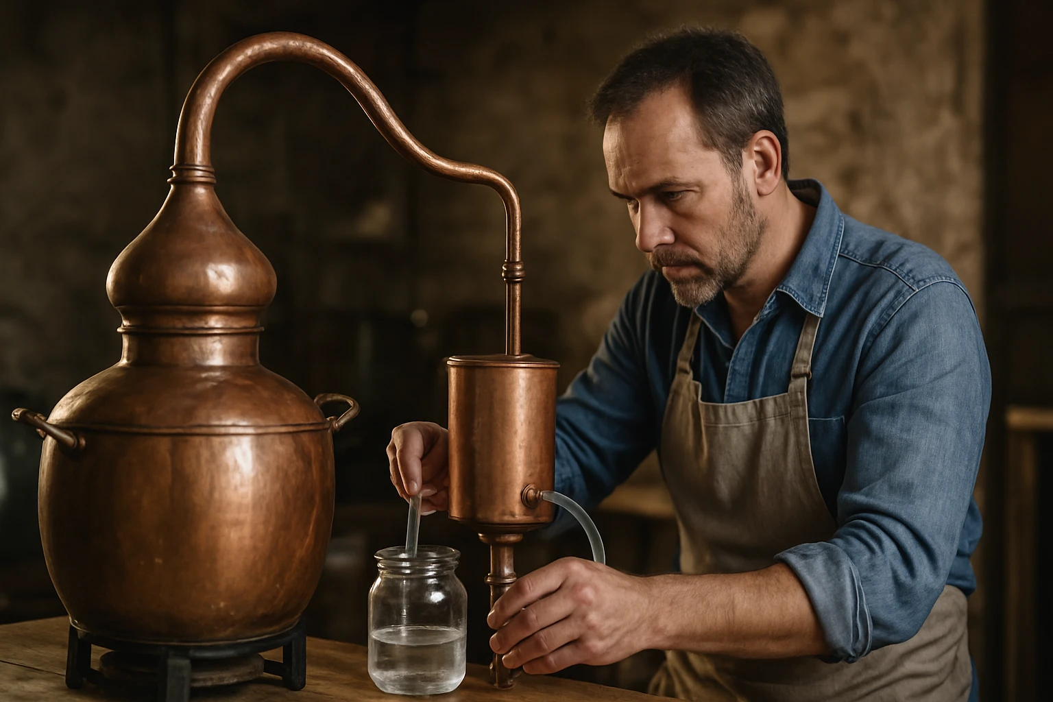 Muž s destilačnou kolónou pri výrobe domácej pálenky.