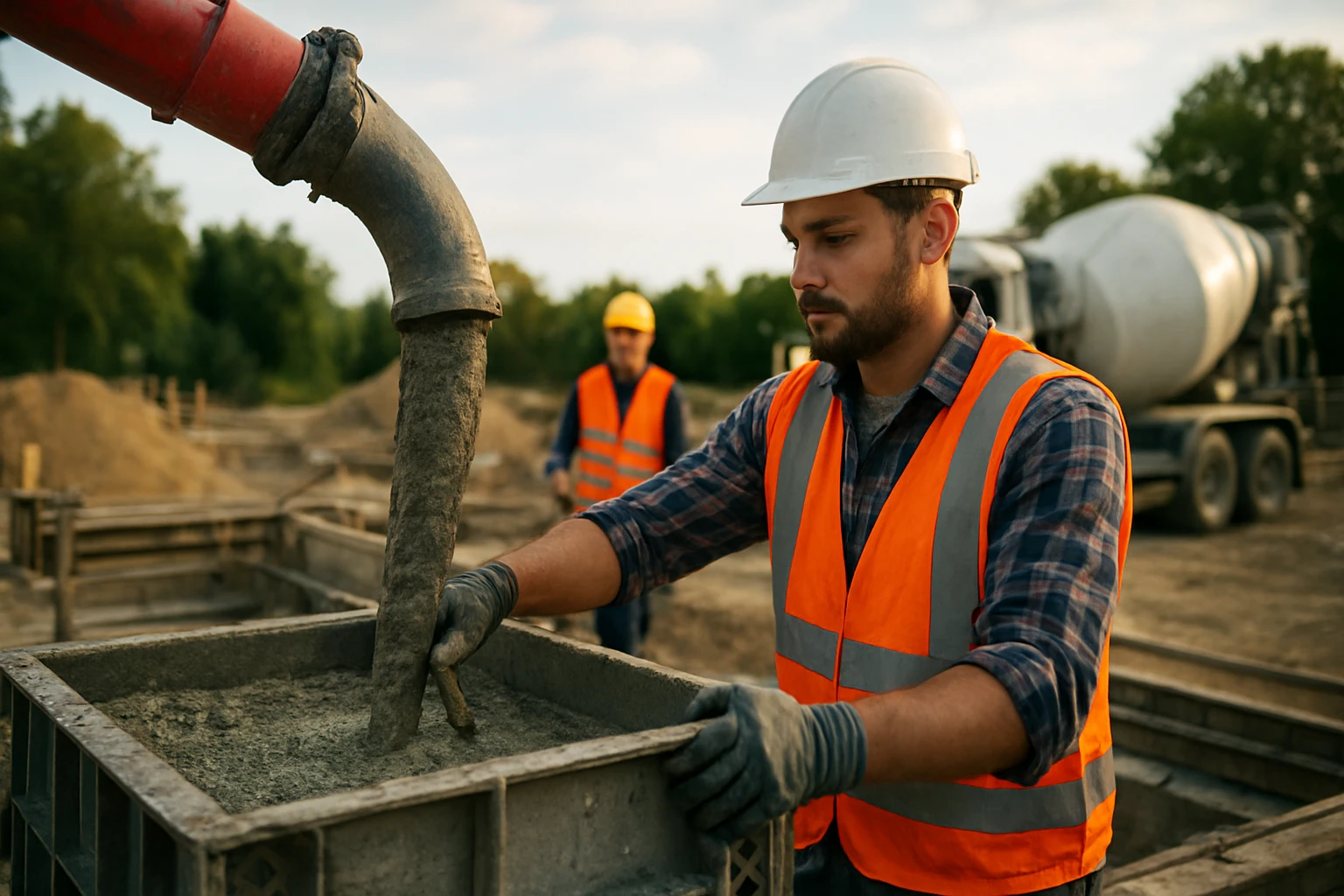 Pracovník čerpá betón na stavenisku pomocou čerpadla.